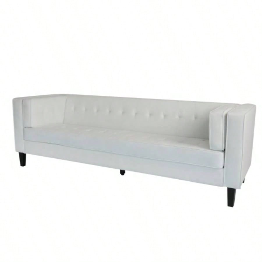 3 - Seater Sofa, Upholstered Tufted, Velvet Sofa, Ivory White