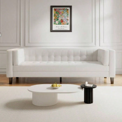 3 - Seater Sofa, Upholstered Tufted, Velvet Sofa, Ivory White