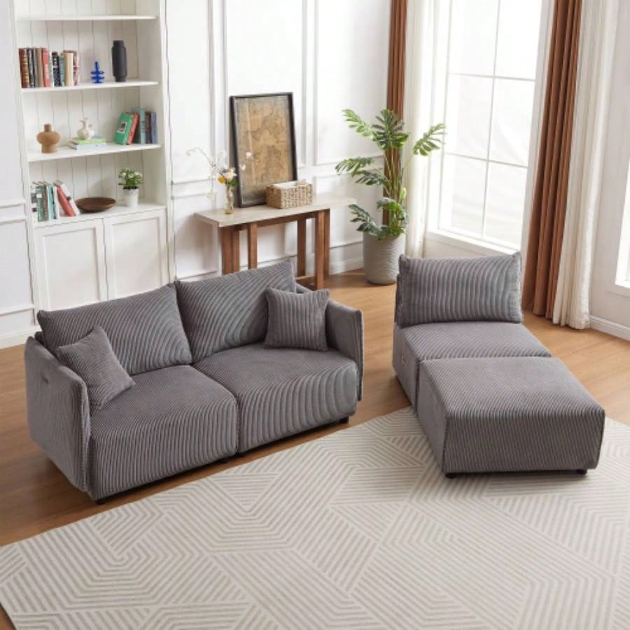 106 Multi - Module Combination Style Sofa Living Room, Bedroom and Other Lounge Spaces, Modern Minimalist Corduroy Combination Sofa with 2 Comfort Cushions with USB C Charging Ports Gray