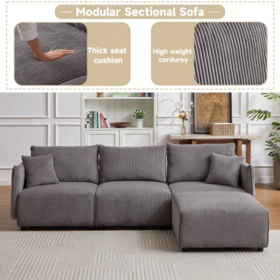 106 Multi - Module Combination Style Sofa Living Room, Bedroom and Other Lounge Spaces, Modern Minimalist Corduroy Combination Sofa with 2 Comfort Cushions with USB C Charging Ports Gray