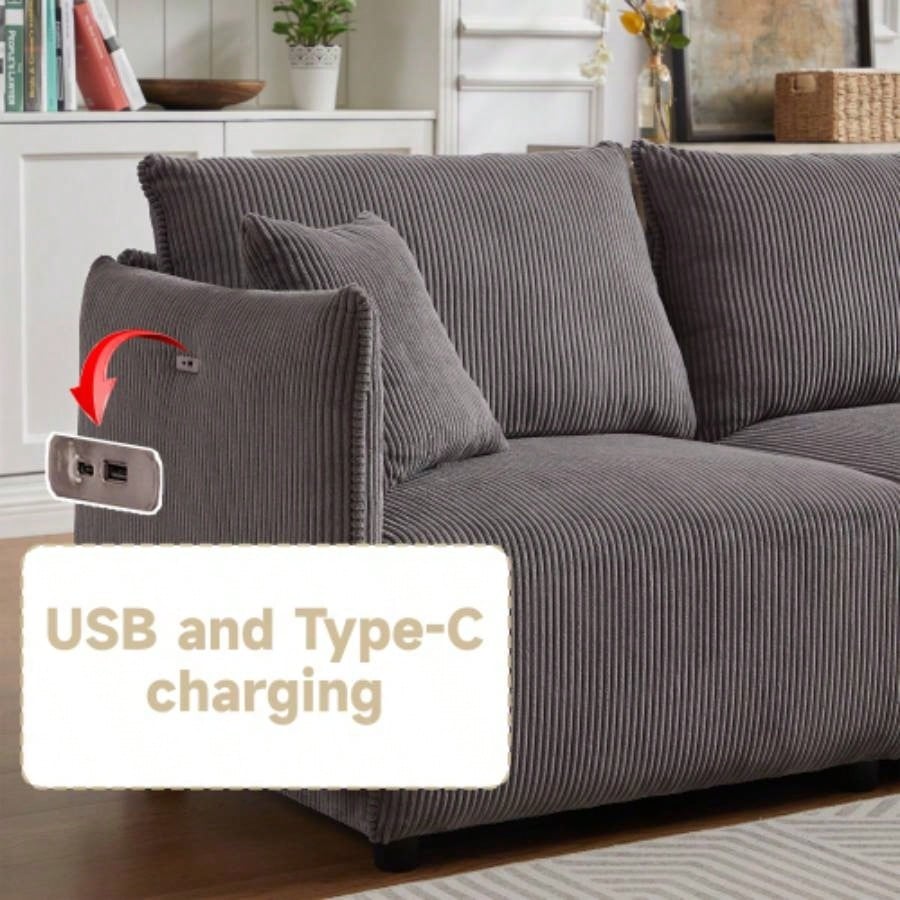 106 Multi - Module Combination Style Sofa Living Room, Bedroom and Other Lounge Spaces, Modern Minimalist Corduroy Combination Sofa with 2 Comfort Cushions with USB C Charging Ports Gray