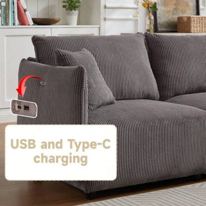 106 Multi - Module Combination Style Sofa Living Room, Bedroom and Other Lounge Spaces, Modern Minimalist Corduroy Combination Sofa with 2 Comfort Cushions with USB C Charging Ports Gray