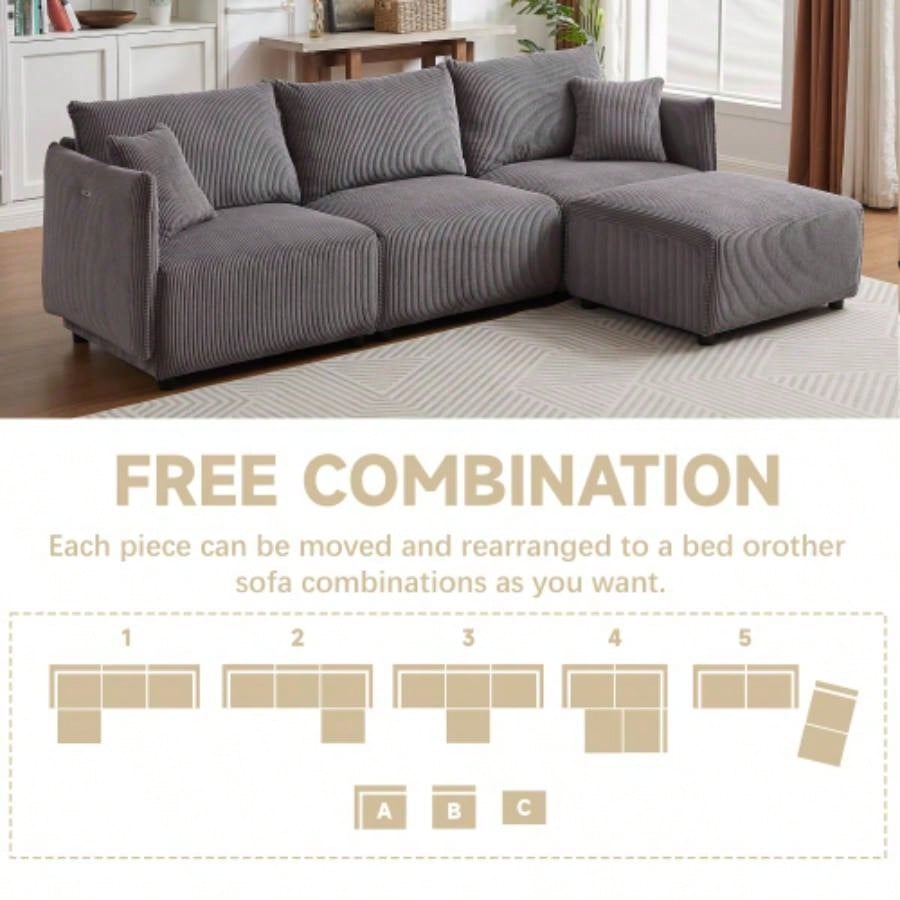106 Multi - Module Combination Style Sofa Living Room, Bedroom and Other Lounge Spaces, Modern Minimalist Corduroy Combination Sofa with 2 Comfort Cushions with USB C Charging Ports Gray