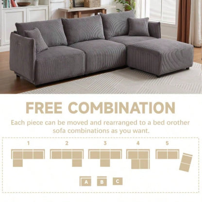 106 Multi - Module Combination Style Sofa Living Room, Bedroom and Other Lounge Spaces, Modern Minimalist Corduroy Combination Sofa with 2 Comfort Cushions with USB C Charging Ports Gray