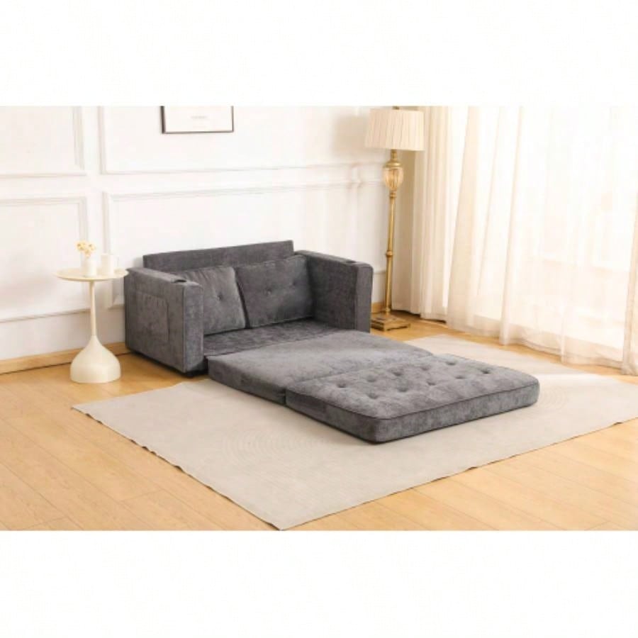553 Fold Sofa, Convertible Futon Couch sleeper sofabed, Velvet linen fabric, Small Spaces, Living Room, or Office, Dark Gray