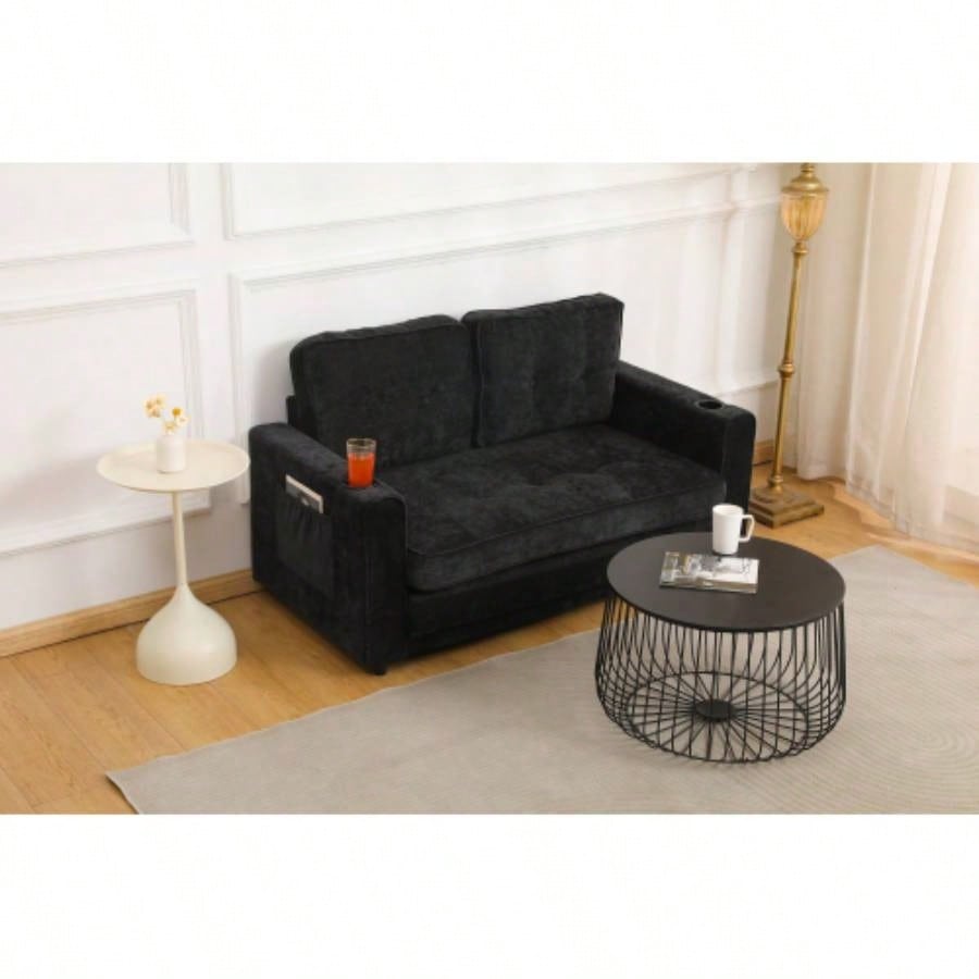 553 Fold Sofa, Convertible Futon Couch sleeper sofabed, Velvet linen fabric, Small Spaces, Living Room, or Office, Dark Gray