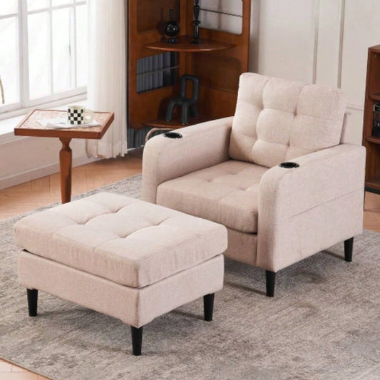 Beige Upholstered Armchair and Storage Ottoman Set - Comfortable Single Sofa with Cup Holders and Tufted Detailing, Living Room or Bedroom