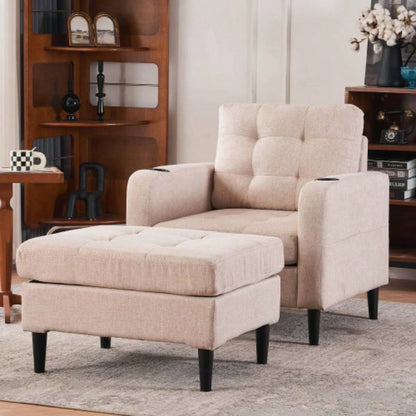 Beige Upholstered Armchair and Storage Ottoman Set - Comfortable Single Sofa with Cup Holders and Tufted Detailing, Living Room or Bedroom