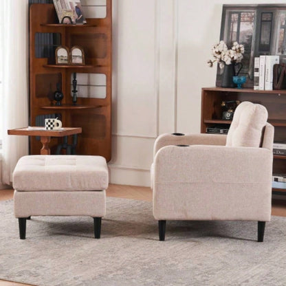 Beige Upholstered Armchair and Storage Ottoman Set - Comfortable Single Sofa with Cup Holders and Tufted Detailing, Living Room or Bedroom