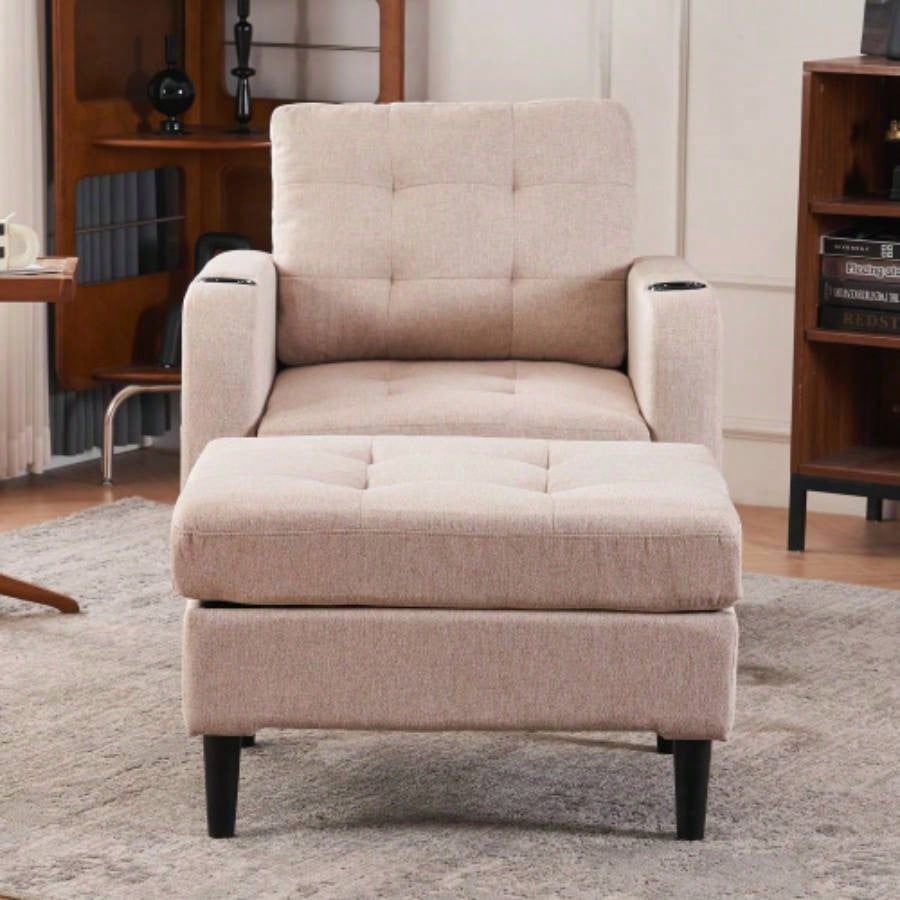 Beige Upholstered Armchair and Storage Ottoman Set - Comfortable Single Sofa with Cup Holders and Tufted Detailing, Living Room or Bedroom