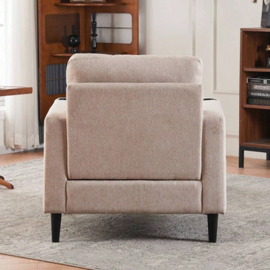 Beige Upholstered Armchair and Storage Ottoman Set - Comfortable Single Sofa with Cup Holders and Tufted Detailing, Living Room or Bedroom