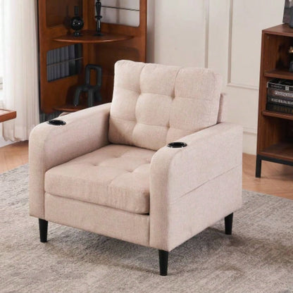 Beige Upholstered Armchair and Storage Ottoman Set - Comfortable Single Sofa with Cup Holders and Tufted Detailing, Living Room or Bedroom