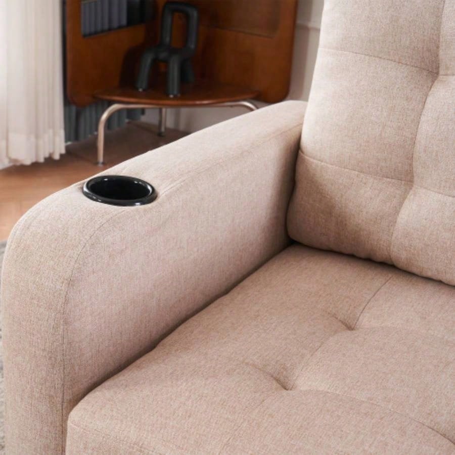Beige Upholstered Armchair and Storage Ottoman Set - Comfortable Single Sofa with Cup Holders and Tufted Detailing, Living Room or Bedroom