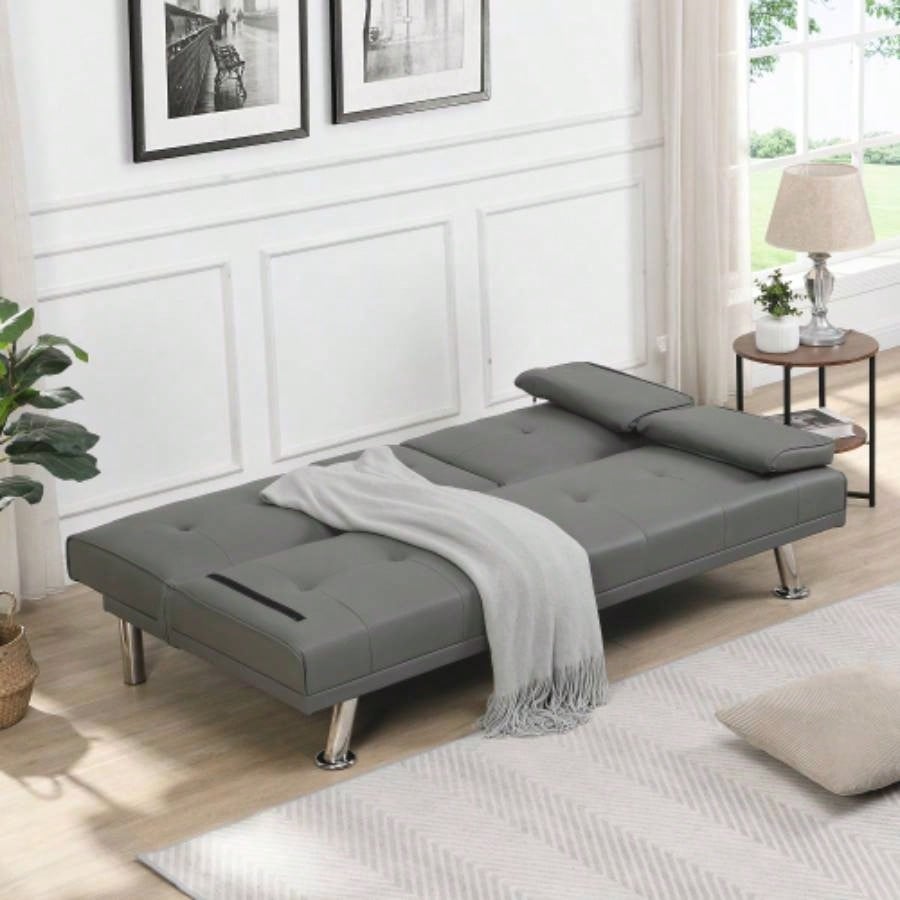 Sofa Bed with Armrest two holders WOOD FRAME, STAINLESS LEG, FUTON PVC