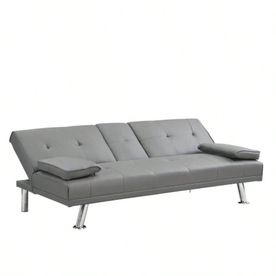 Sofa Bed with Armrest two holders WOOD FRAME, STAINLESS LEG, FUTON PVC