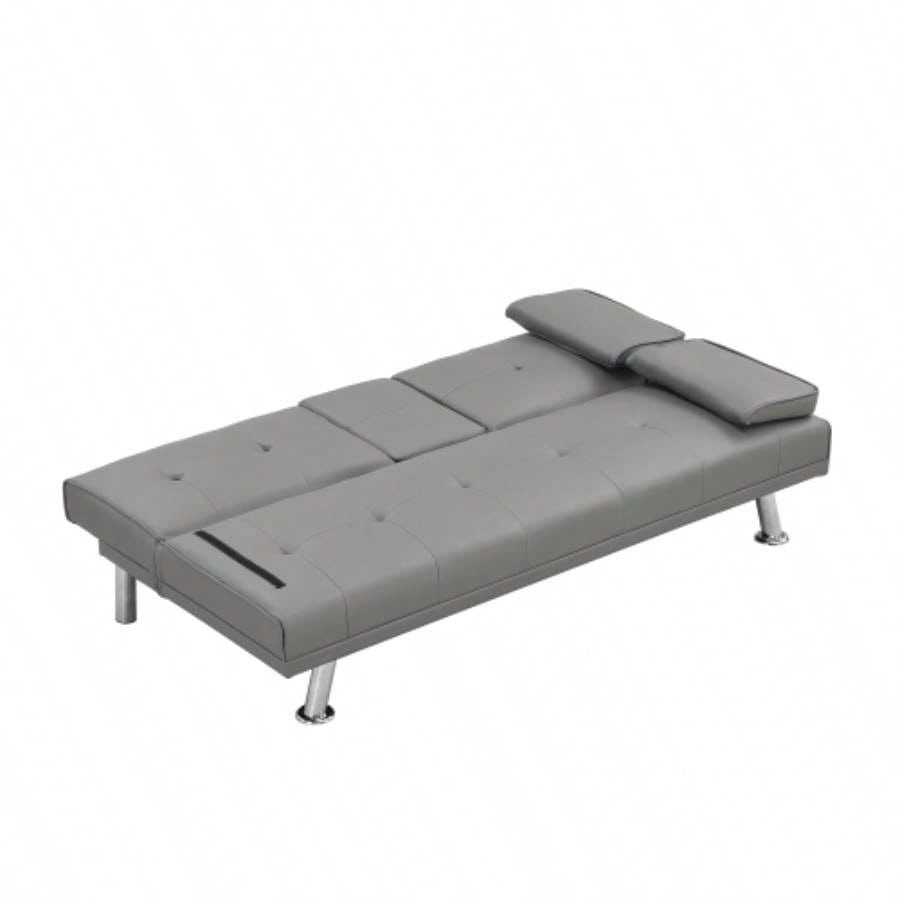 Sofa Bed with Armrest two holders WOOD FRAME, STAINLESS LEG, FUTON PVC