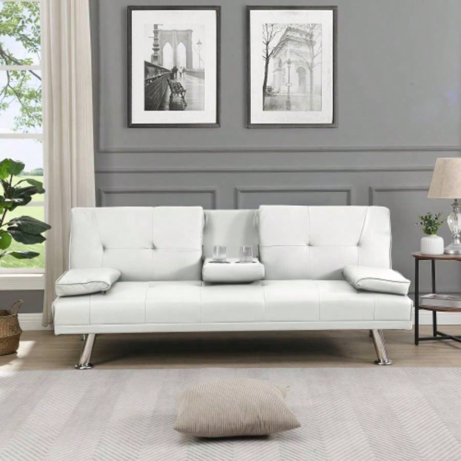Sofa Bed with Armrest two holders WOOD FRAME, STAINLESS LEG, FUTON PVC