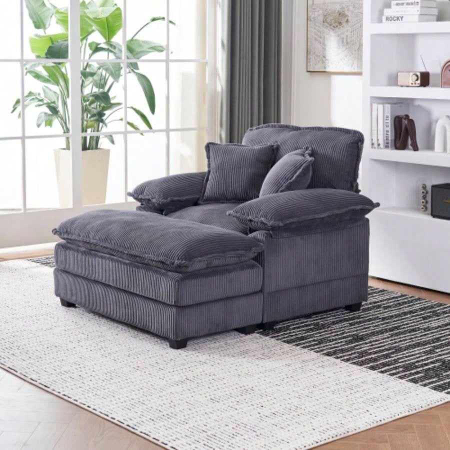 56.3 Inch Corduroy single sofa With 2 toss pillows and a ottoman, Comfy Sofa - Deep Couch Living Room