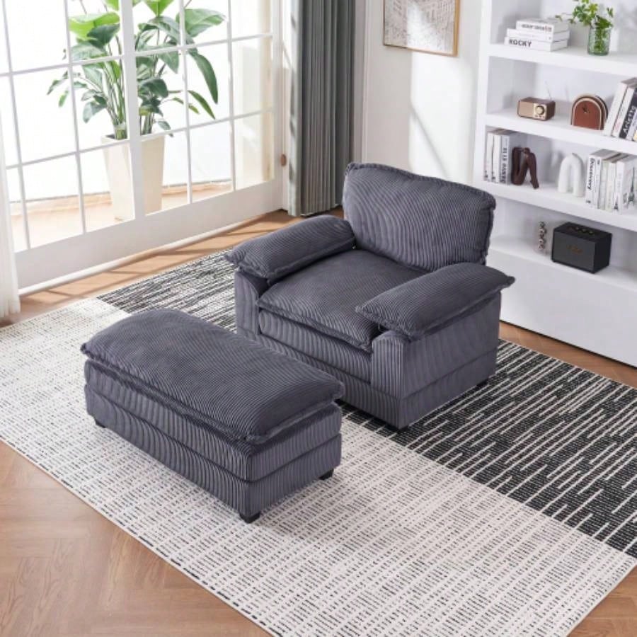 56.3 Inch Corduroy single sofa With 2 toss pillows and a ottoman, Comfy Sofa - Deep Couch Living Room
