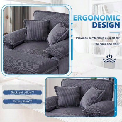 56.3 Inch Corduroy single sofa With 2 toss pillows and a ottoman, Comfy Sofa - Deep Couch Living Room