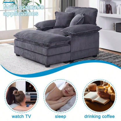56.3 Inch Corduroy single sofa With 2 toss pillows and a ottoman, Comfy Sofa - Deep Couch Living Room