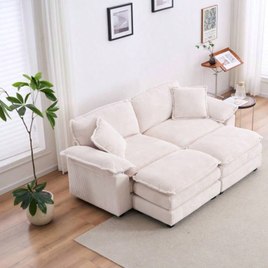 Corduroy 2 - seats sofa With 2 back pillows, 2 toss pillows and two ottoman, Comfy Sofa - Deep Couch Living Room, White