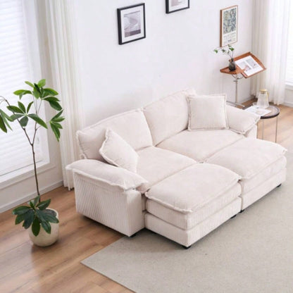 Corduroy 2 - seats sofa With 2 back pillows, 2 toss pillows and two ottoman, Comfy Sofa - Deep Couch Living Room, White