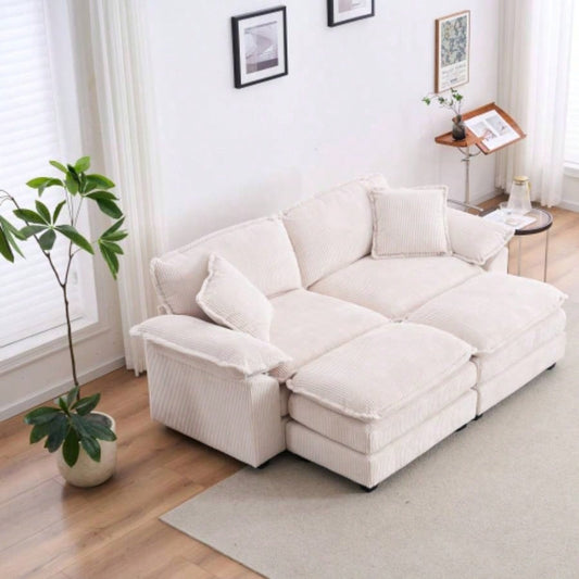 Corduroy 2 - seats sofa With 2 back pillows, 2 toss pillows and two ottoman, Comfy Sofa - Deep Couch Living Room, White