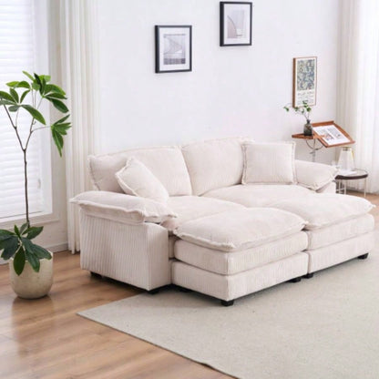 Corduroy 2 - seats sofa With 2 back pillows, 2 toss pillows and two ottoman, Comfy Sofa - Deep Couch Living Room, White