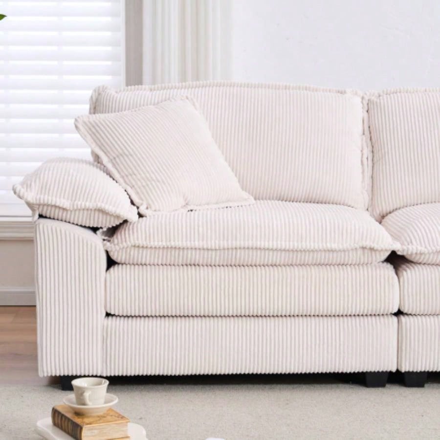 Corduroy 2 - seats sofa With 2 back pillows, 2 toss pillows and two ottoman, Comfy Sofa - Deep Couch Living Room, White