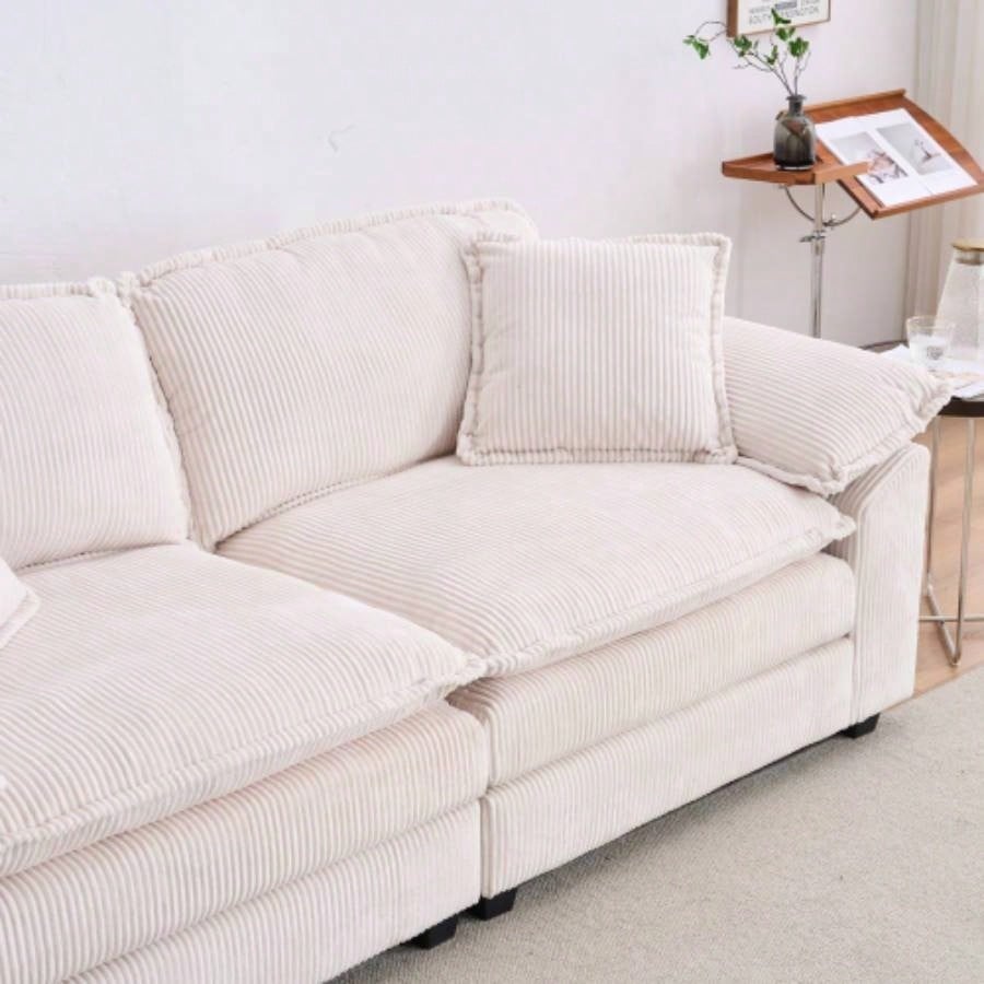 Corduroy 2 - seats sofa With 2 back pillows, 2 toss pillows and two ottoman, Comfy Sofa - Deep Couch Living Room, White