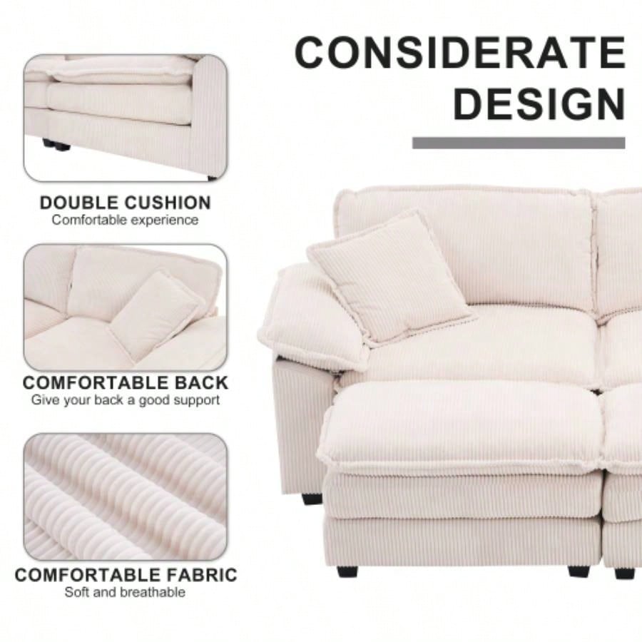 Corduroy 2 - seats sofa With 2 back pillows, 2 toss pillows and two ottoman, Comfy Sofa - Deep Couch Living Room, White