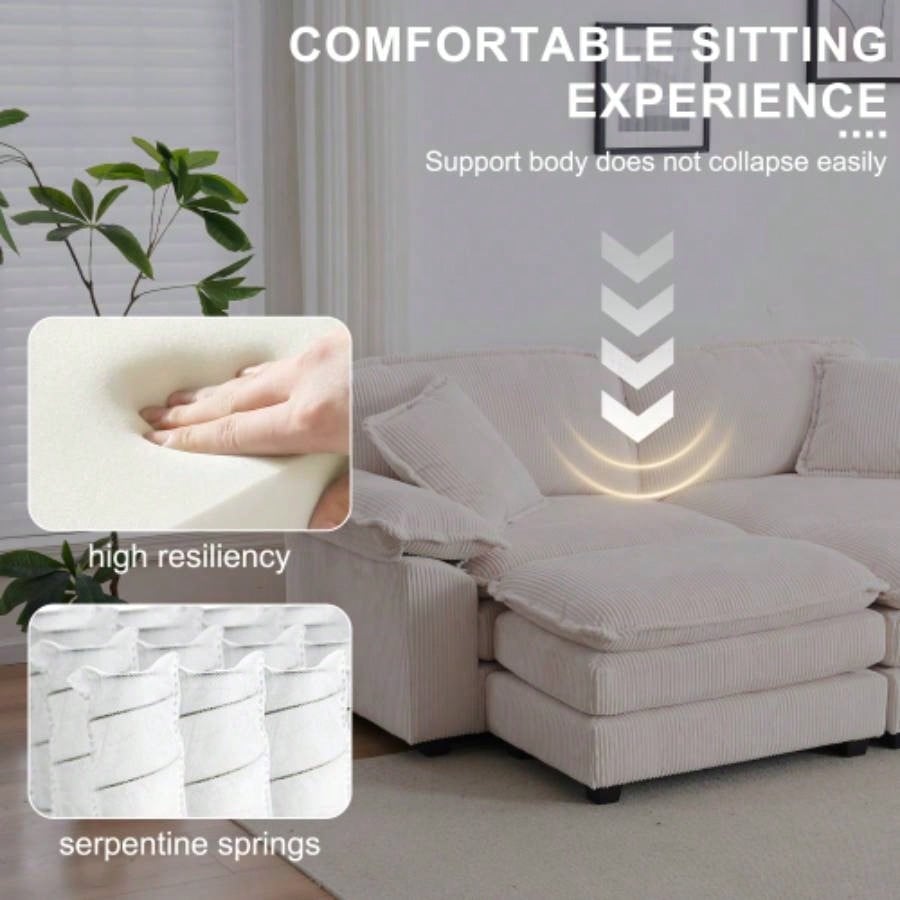 Corduroy 2 - seats sofa With 2 back pillows, 2 toss pillows and two ottoman, Comfy Sofa - Deep Couch Living Room, White
