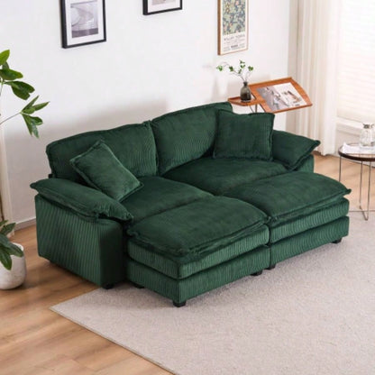 Corduroy 2 - seats sofa With 2 back pillows, 2 toss pillows and two ottoman, Comfy Sofa - Deep Couch Living Room, White