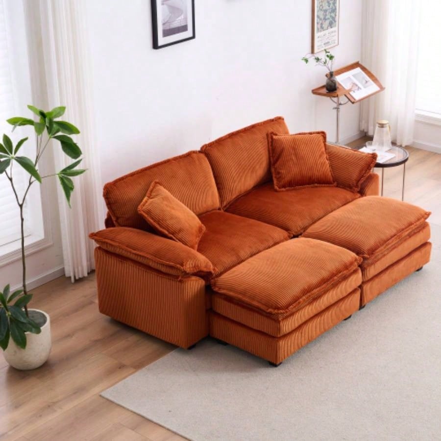 Corduroy 2 - seats sofa With 2 back pillows, 2 toss pillows and two ottoman, Comfy Sofa - Deep Couch Living Room, White