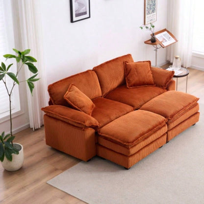 Corduroy 2 - seats sofa With 2 back pillows, 2 toss pillows and two ottoman, Comfy Sofa - Deep Couch Living Room, White