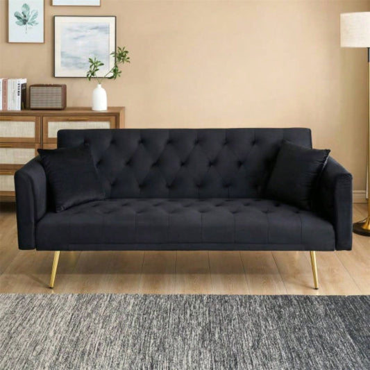 71 - inch foldable double sofa, with American retro style, made of black velvet material, suitable small living rooms, bedrooms and offices.