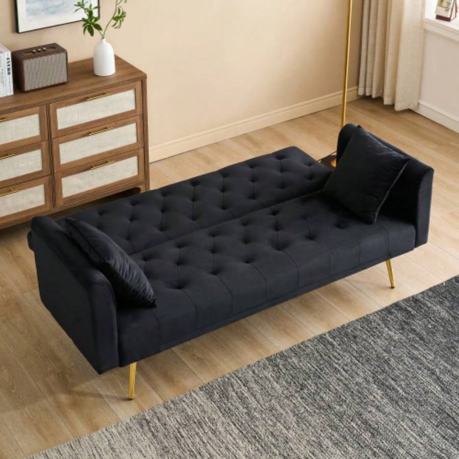 71 - inch foldable double sofa, with American retro style, made of black velvet material, suitable small living rooms, bedrooms and offices.
