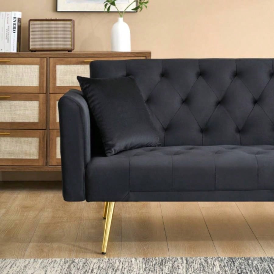 71 - inch foldable double sofa, with American retro style, made of black velvet material, suitable small living rooms, bedrooms and offices.