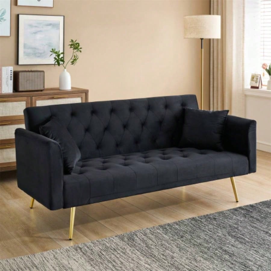 71 - inch foldable double sofa, with American retro style, made of black velvet material, suitable small living rooms, bedrooms and offices.
