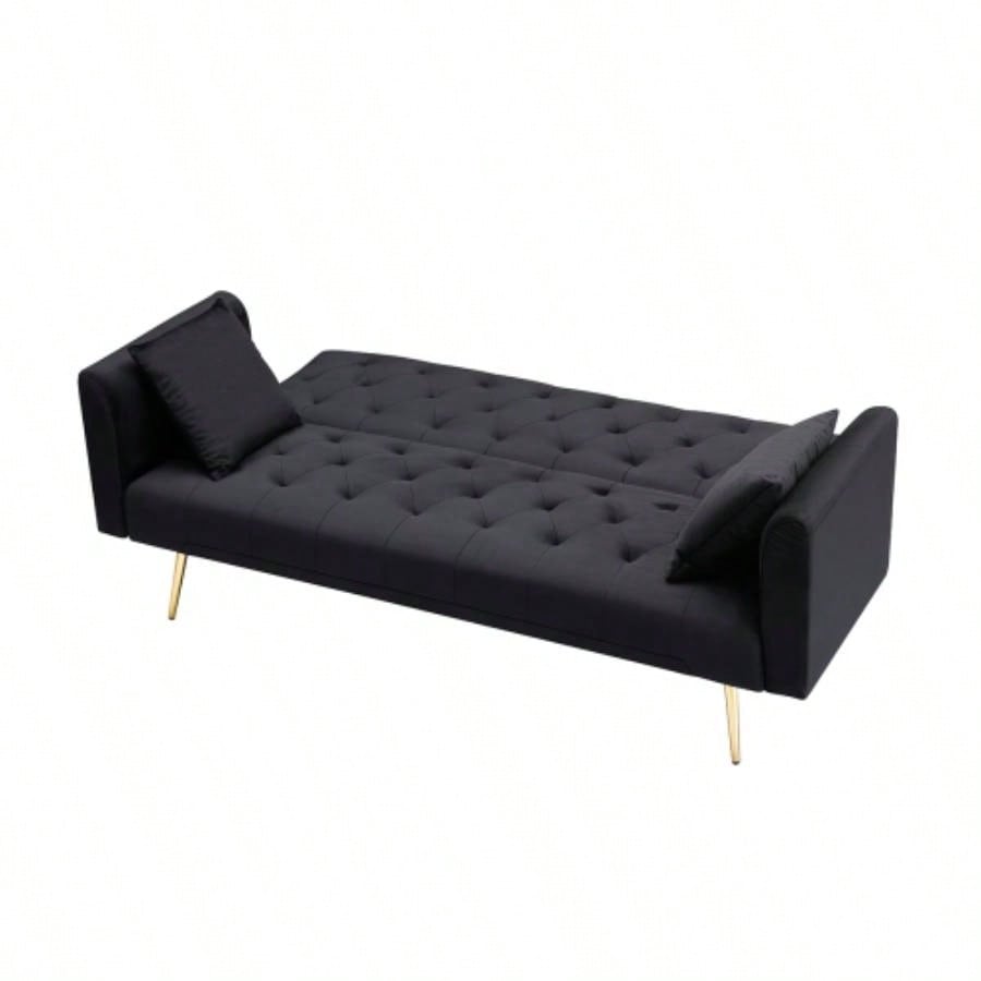 71 - inch foldable double sofa, with American retro style, made of black velvet material, suitable small living rooms, bedrooms and offices.