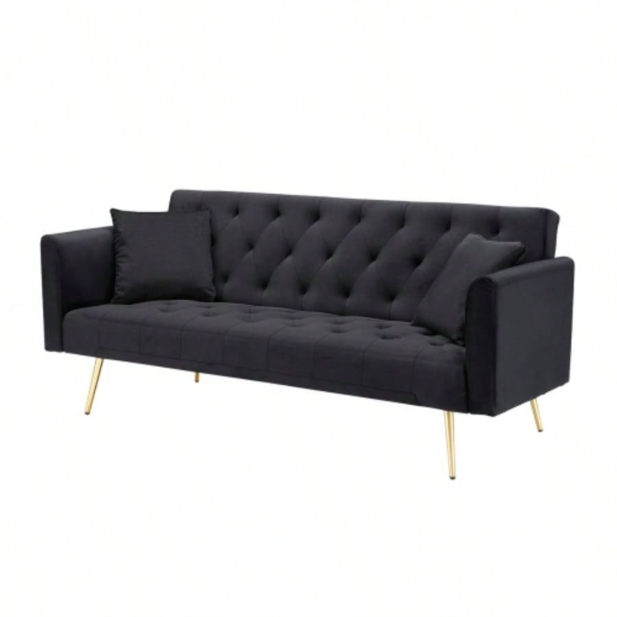 71 - inch foldable double sofa, with American retro style, made of black velvet material, suitable small living rooms, bedrooms and offices.