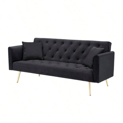 71 - inch foldable double sofa, with American retro style, made of black velvet material, suitable small living rooms, bedrooms and offices.