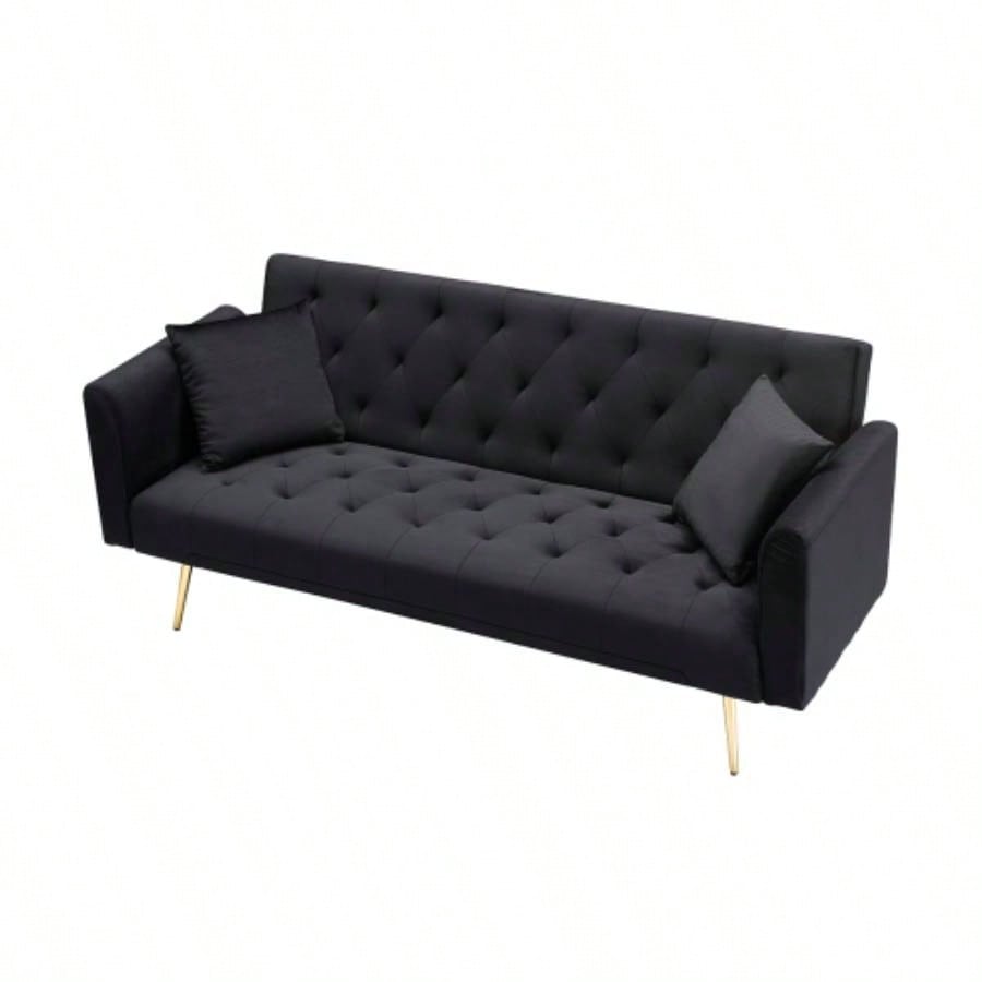 71 - inch foldable double sofa, with American retro style, made of black velvet material, suitable small living rooms, bedrooms and offices.