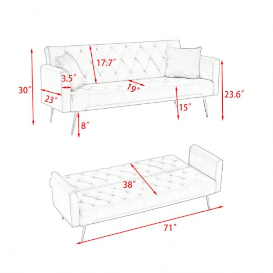 71 - inch foldable double sofa, with American retro style, made of black velvet material, suitable small living rooms, bedrooms and offices.