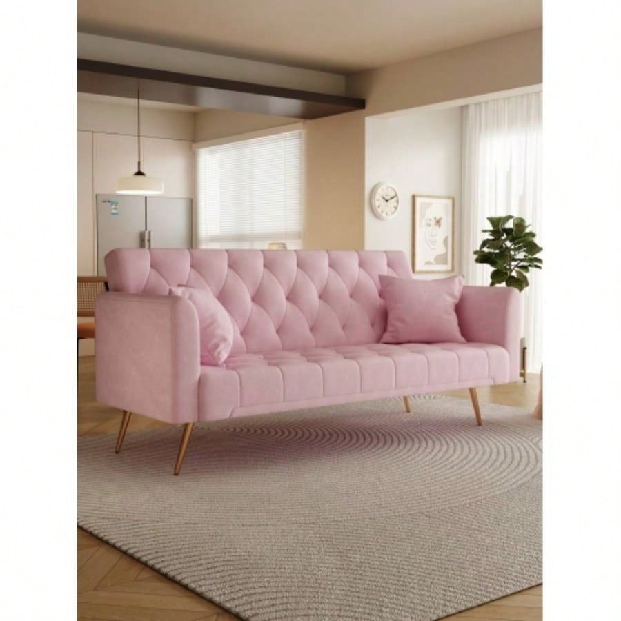 71 - inch foldable double sofa, with American retro style, made of black velvet material, suitable small living rooms, bedrooms and offices.
