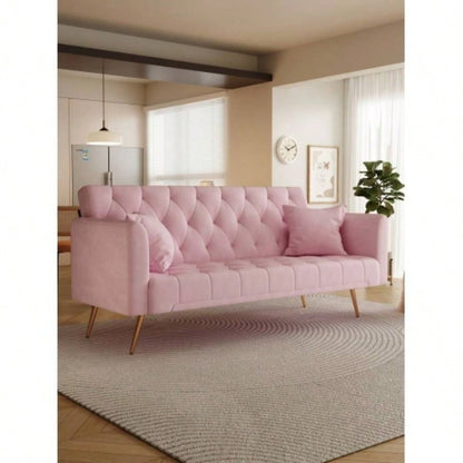 71 - inch foldable double sofa, with American retro style, made of black velvet material, suitable small living rooms, bedrooms and offices.