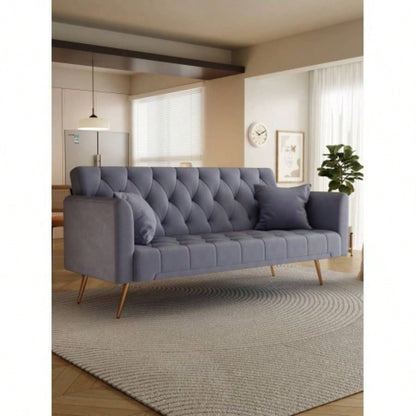 71 - inch foldable double sofa, with American retro style, made of black velvet material, suitable small living rooms, bedrooms and offices.