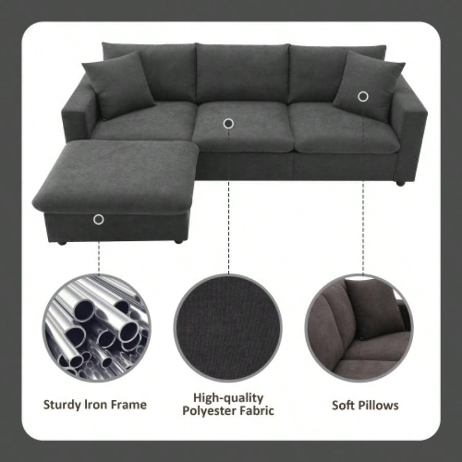 VIDEO provided New. 4*64.6 Modern Sectional Sofa, L - shaped Couch Set with 2 pillows, 4 - Polyester Fabric Couch Set with Convertible Ottoman Living Room, Apartment, Office, 4 Colors