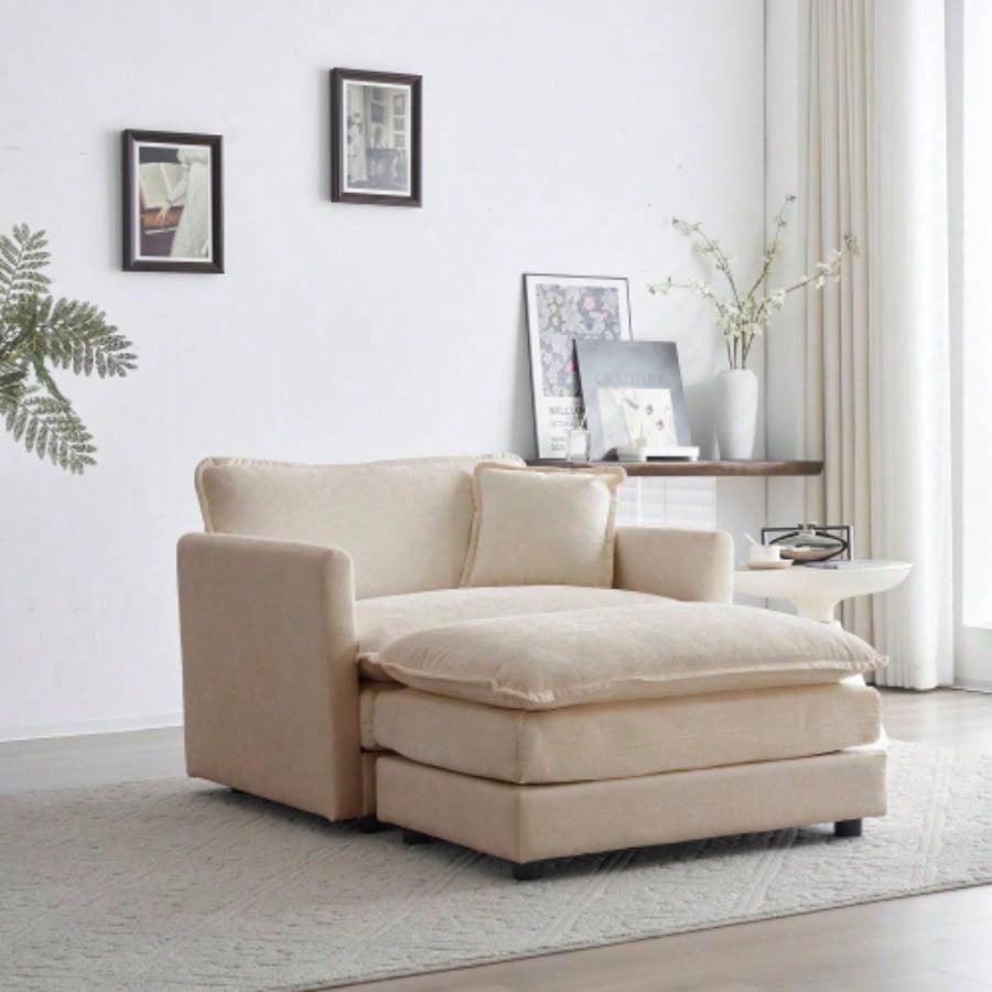 Modern Accent Chair with Ottoman, Living Room Club Chair Chenille Upholstered Armchair, Reading Chair Bedroom, Beige Chenille